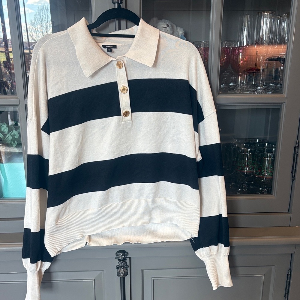 Express Black and White Striped Rugby Shirt